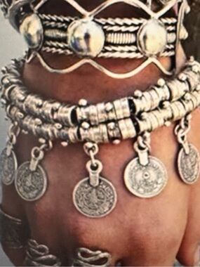 Bohemian Silver Coin Dangle Bracelet Stack. Early 2000’s